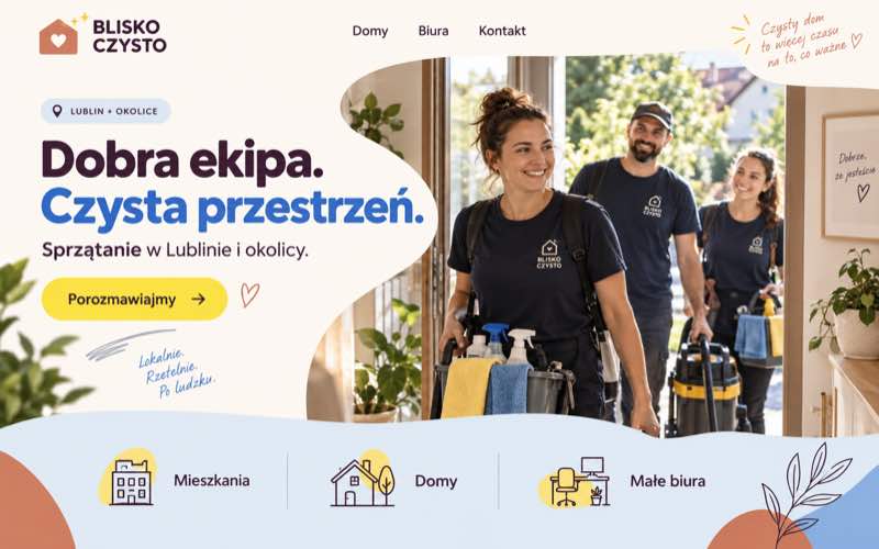 Przykładowy projekt strony lokalnej firmy sprzątającej w ciepłym, przyjaznym stylu