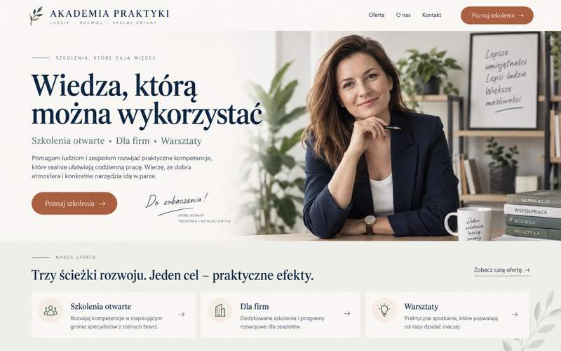 Przykładowy projekt strony firmy szkoleniowej — wyrazisty kierunek lidera kategorii