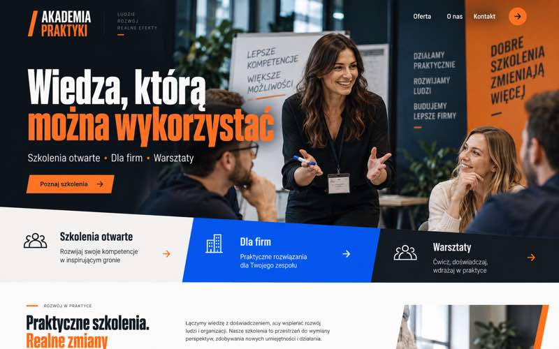 Koncepcja strony firmy szkoleniowej — spokojny styl osobistego eksperta