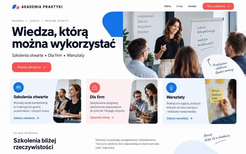 Koncepcja strony firmy szkoleniowej — dokumentalny styl procesu i pracy