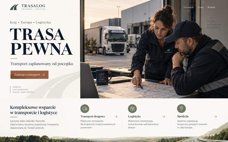 Koncepcja strony firmy transportowej — spokojny styl osobistego eksperta