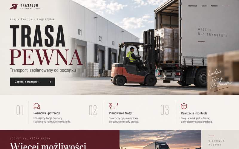 Koncepcja strony firmy transportowej — dokumentalny styl procesu i pracy