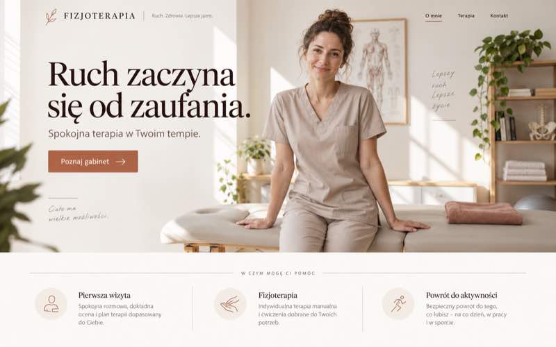 Koncepcja strony fizjoterapeutki w spokojnym, jasnym stylu editorial