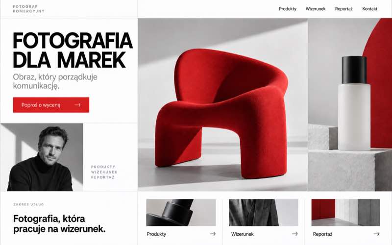 Koncepcja strony fotografa komercyjnego w precyzyjnym stylu modularnym