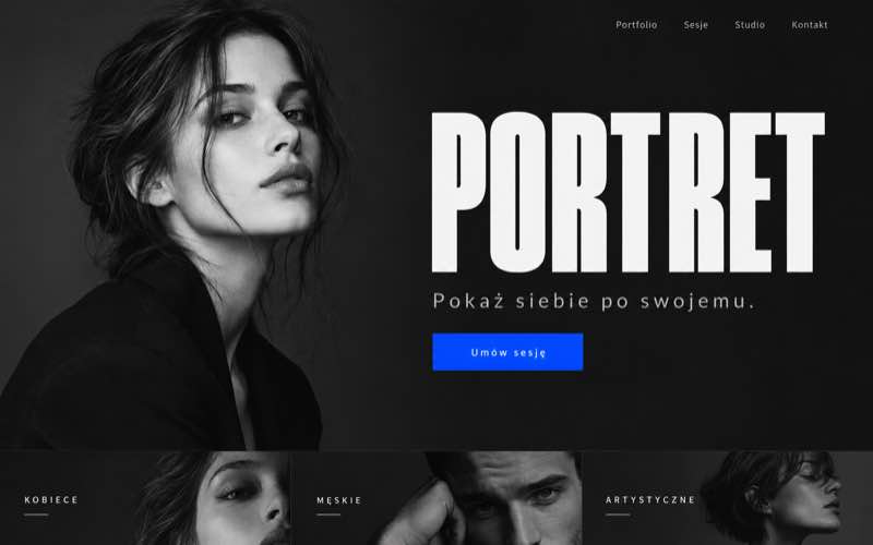 Koncepcja strony fotografa portretowego w odważnym stylu studyjnym