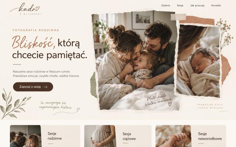 Przykładowy projekt strony fotografii rodzinnej w ciepłym stylu dokumentalnym