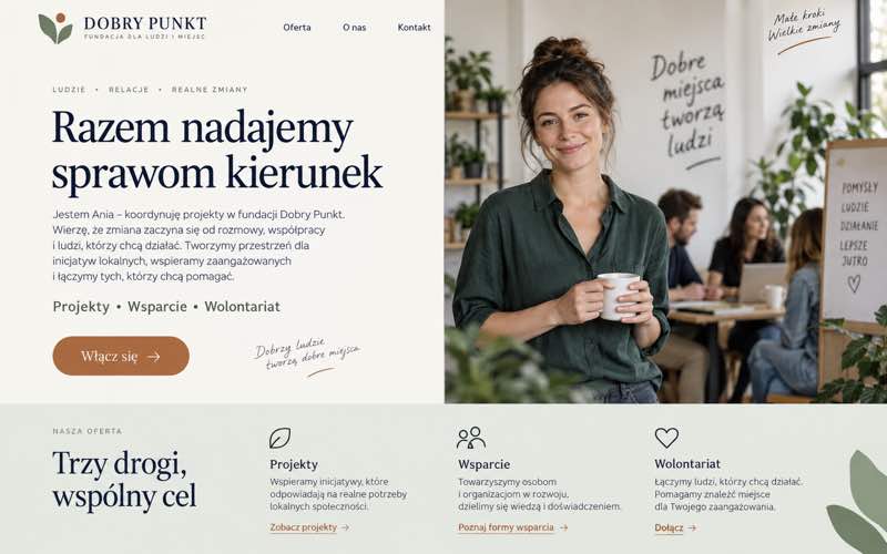 Koncepcja strony fundacji — spokojny styl osobistego eksperta