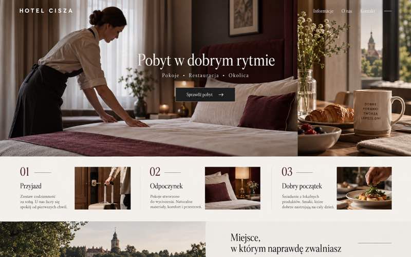 Koncepcja strony hotelu — dokumentalny styl procesu i pracy