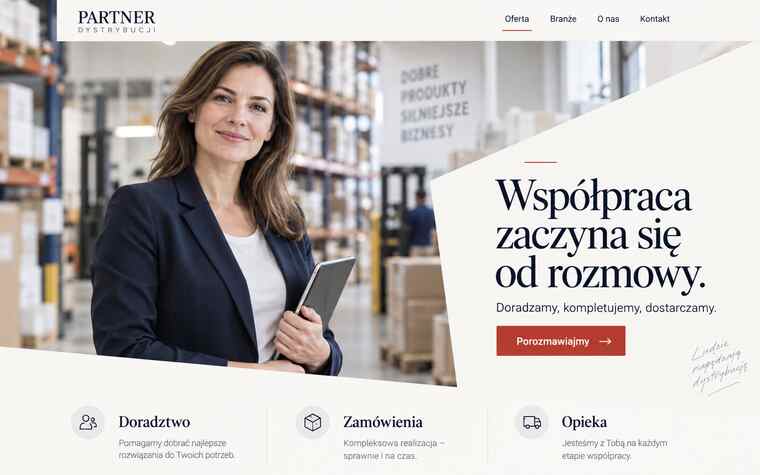 Koncepcja strony dystrybutora w jasnym stylu editorialnym opartym na relacji