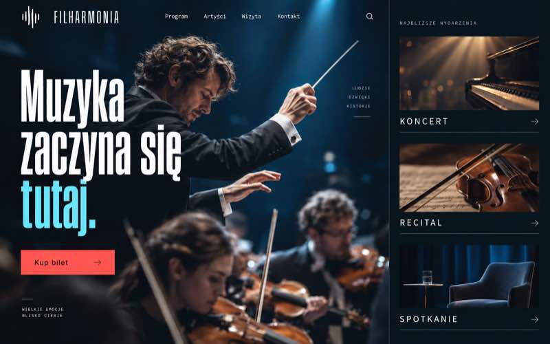 Przykładowy projekt strony filharmonii w nowoczesnym cyfrowym stylu