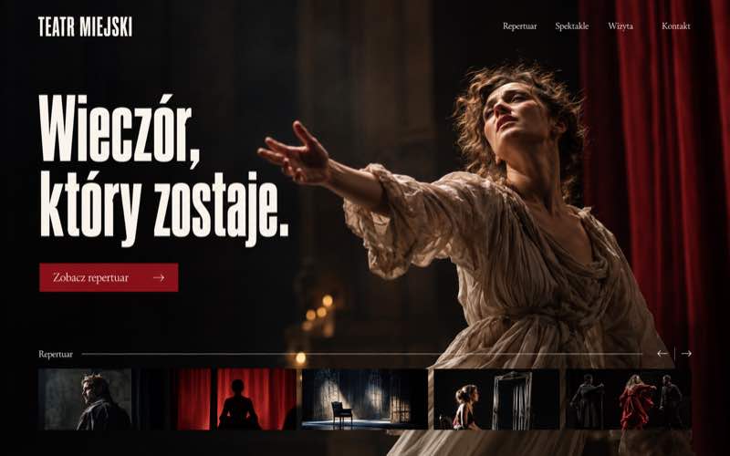 Przykładowy projekt strony teatru w dramatycznym stylu typograficznym