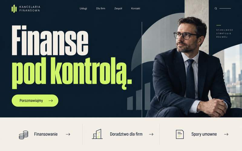 Przykładowy projekt strony kancelarii finansowej w wyrazistym stylu typograficznym