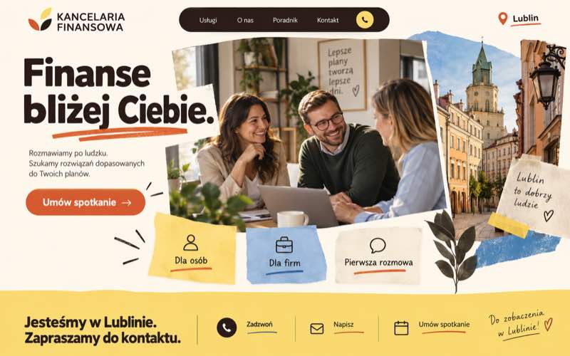 Przykładowy projekt strony lokalnej kancelarii finansowej w ciepłym stylu kolażowym