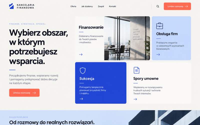 Przykładowy projekt strony kancelarii finansowej z modularnym katalogiem usług