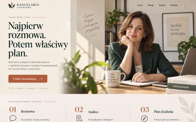 Koncepcja strony kancelarii finansowej w jasnym stylu osobistego eksperta