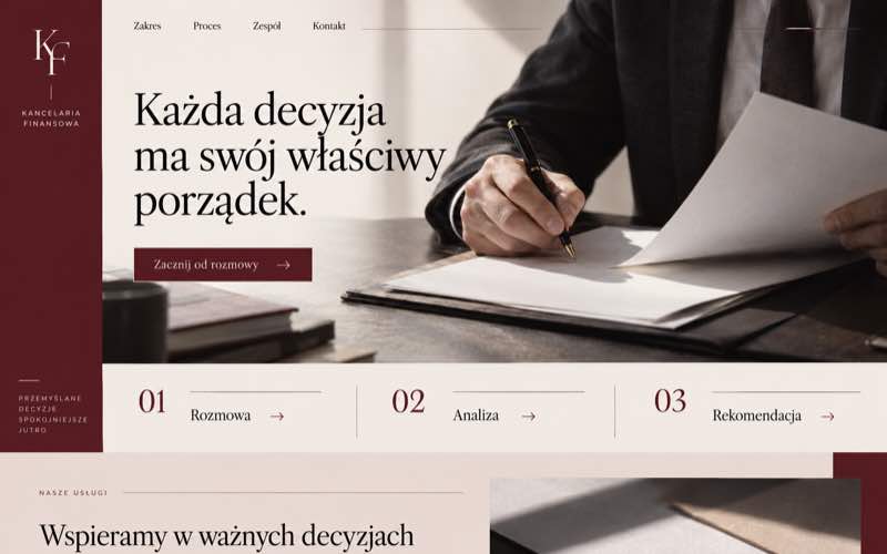 Koncepcja strony kancelarii finansowej w procesowym stylu editorial
