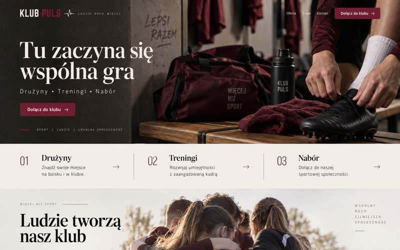 Koncepcja strony klubu sportowego — spokojny styl osobistego eksperta
