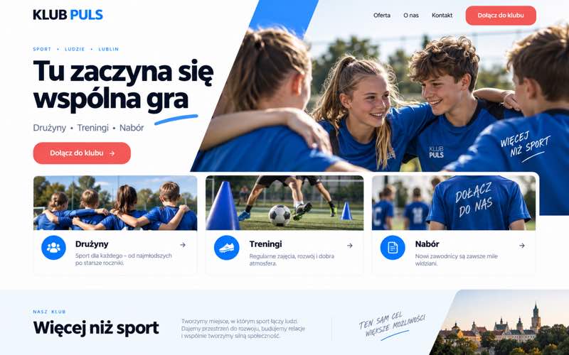 Koncepcja strony klubu sportowego — dokumentalny styl procesu i pracy