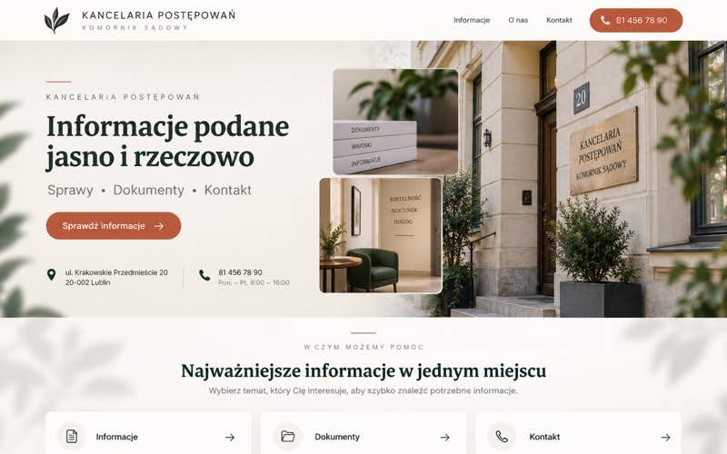 Przykładowy projekt strony kancelarii komorniczej — ciepły lokalny kierunek