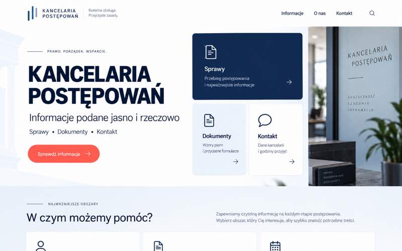 Przykładowy projekt strony kancelarii komorniczej — modularna prezentacja oferty