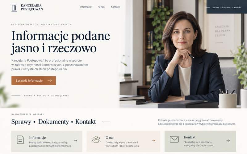 Koncepcja strony kancelarii komorniczej — spokojny styl osobistego eksperta