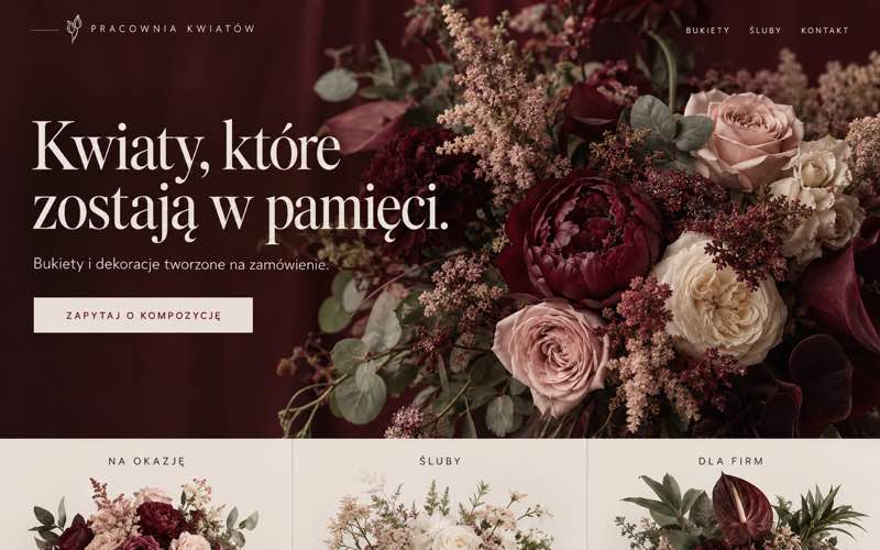 Przykładowy projekt strony kwiaciarni w eleganckim stylu editorialowym