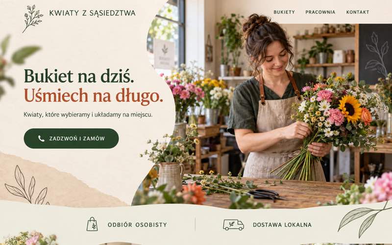 Przykładowy projekt strony lokalnej kwiaciarni w ciepłym, osobistym stylu