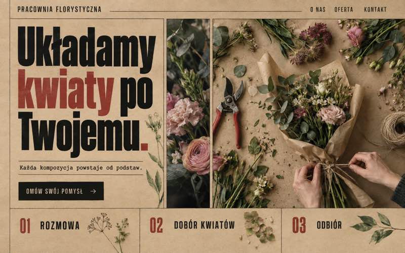 Koncepcja strony pracowni florystycznej w surowym, rzemieślniczym stylu