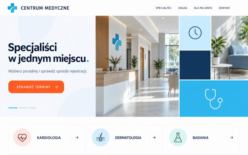 Koncepcja strony centrum medycznego w uporządkowanym stylu modularnym