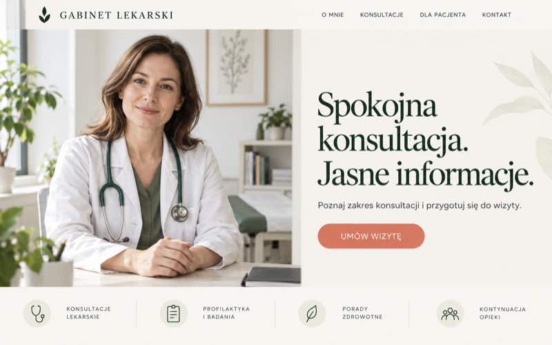 Przykładowy projekt strony lekarza w spokojnym stylu osobistego eksperta