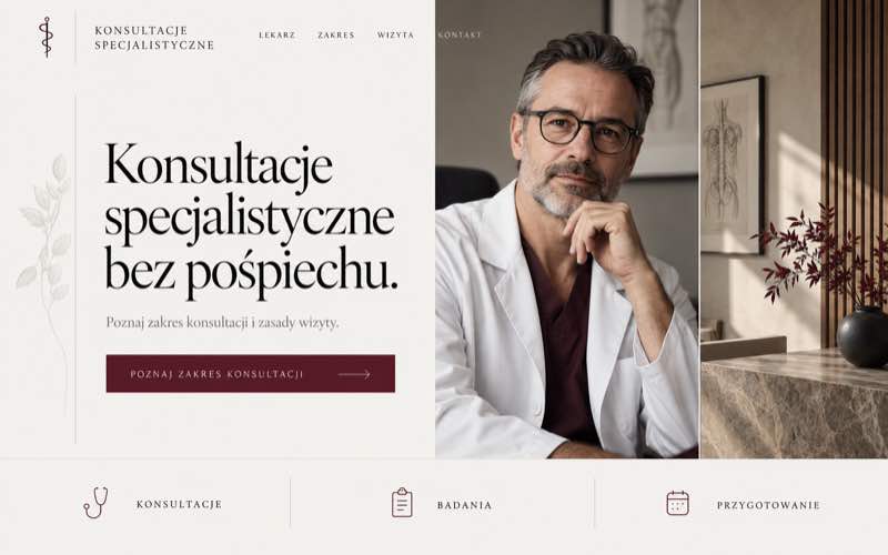 Koncepcja strony konsultacji specjalistycznych w oszczędnym stylu premium
