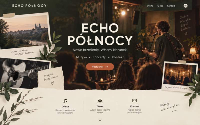 Przykładowy projekt strony muzyka — ciepły lokalny kierunek