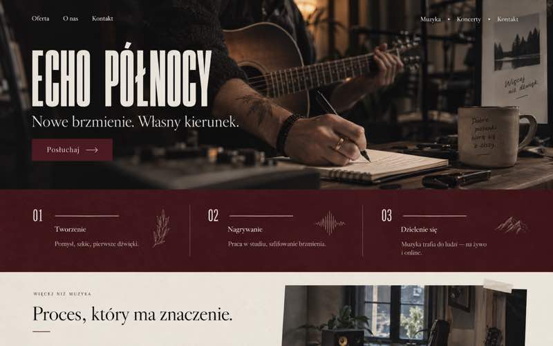 Koncepcja strony muzyka — dokumentalny styl procesu i pracy