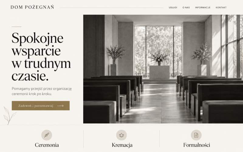 Przykładowy projekt strony zakładu pogrzebowego w eleganckim stylu editorial