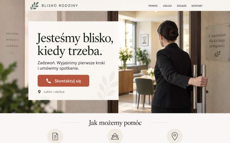 Przykładowy projekt strony lokalnego zakładu pogrzebowego w ciepłym stylu dokumentalnym