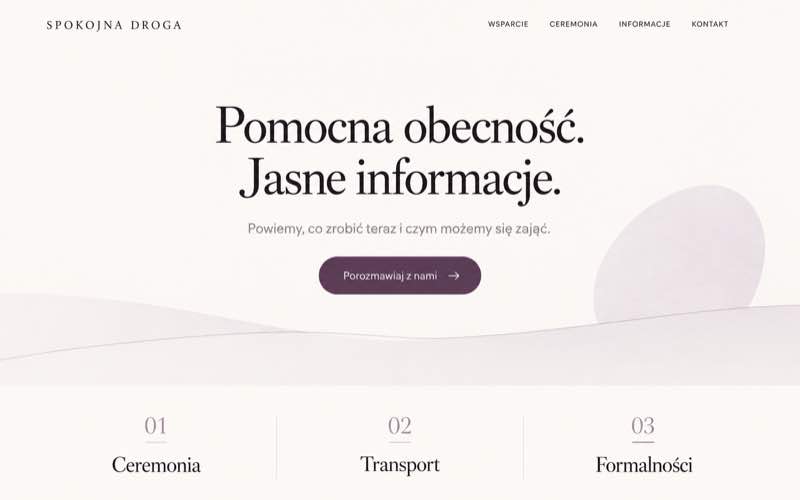 Koncepcja minimalistycznej typograficznej strony zakładu pogrzebowego