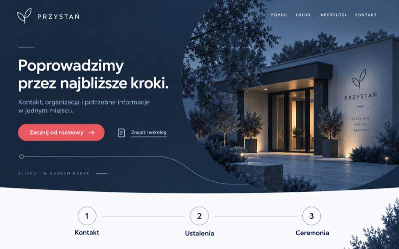Przykładowy projekt nowoczesnej strony zakładu pogrzebowego ze ścieżką pomocy