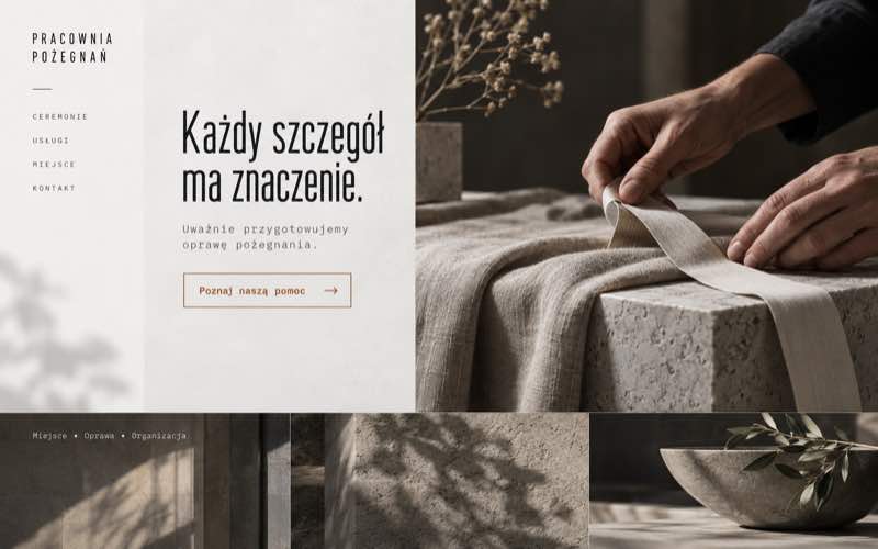Koncepcja strony zakładu pogrzebowego inspirowana rzemiosłem i detalem