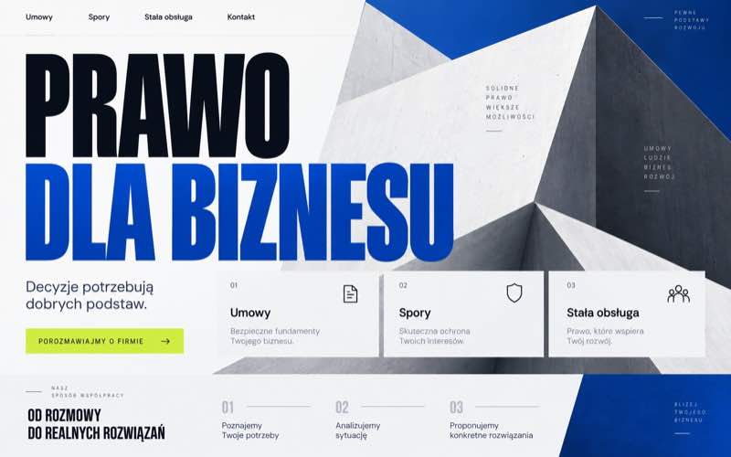 Przykładowy projekt strony kancelarii biznesowej w wyrazistym stylu typograficznym