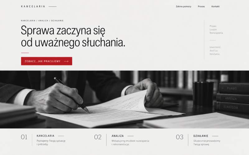 Koncepcja strony kancelarii w dokumentalnym stylu procesu i precyzji