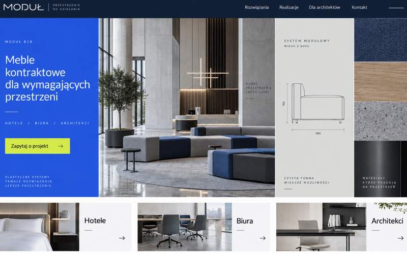 Koncepcja strony producenta mebli kontraktowych w architektonicznym stylu B2B
