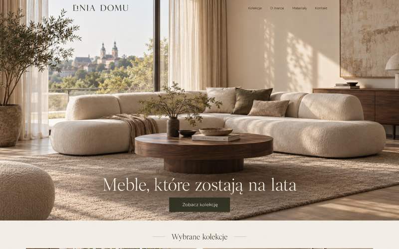 Koncepcja strony marki meblowej w spokojnym stylu editorial premium