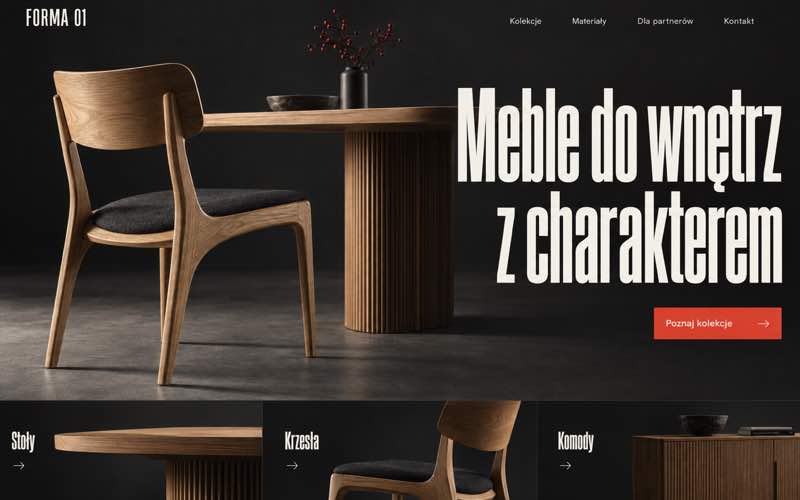 Przykładowy projekt strony producenta mebli w wyrazistym stylu katalogowym