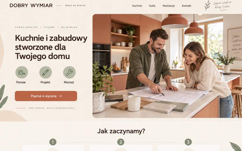 Przykładowy projekt lokalnej strony mebli na wymiar z prostą ścieżką wyceny