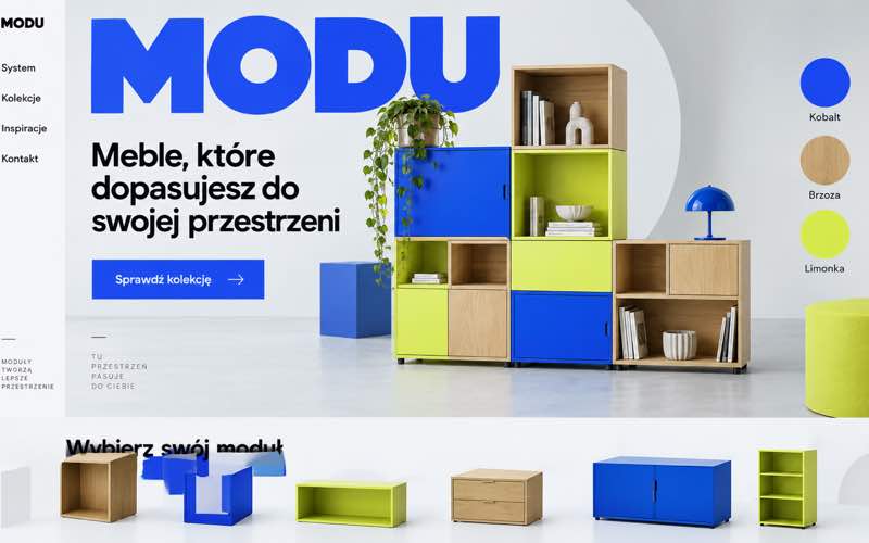 Koncepcja strony modułowej marki meblowej w odważnym stylu cyfrowym