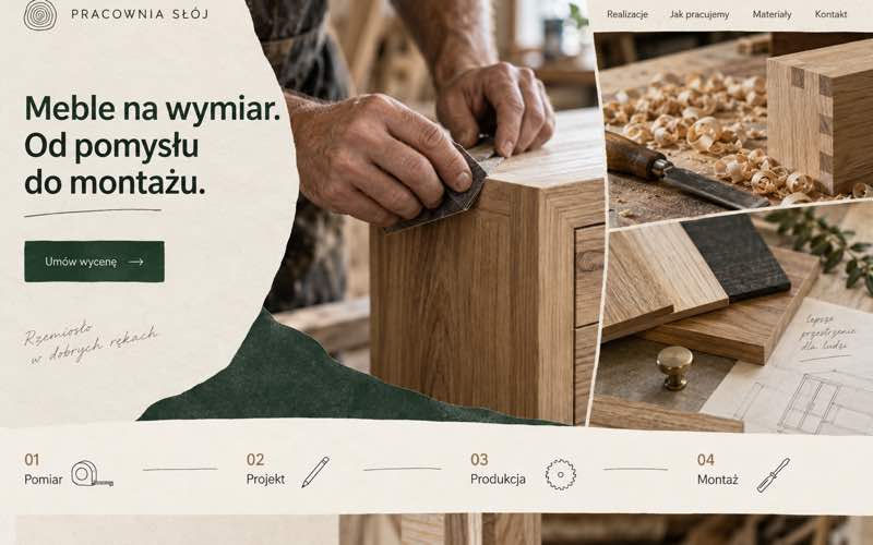 Przykładowy projekt strony pracowni mebli w stylu rzemieślniczym i procesowym