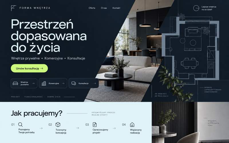 Koncepcja strony projektanta wnętrz — nowoczesny kierunek cyfrowy