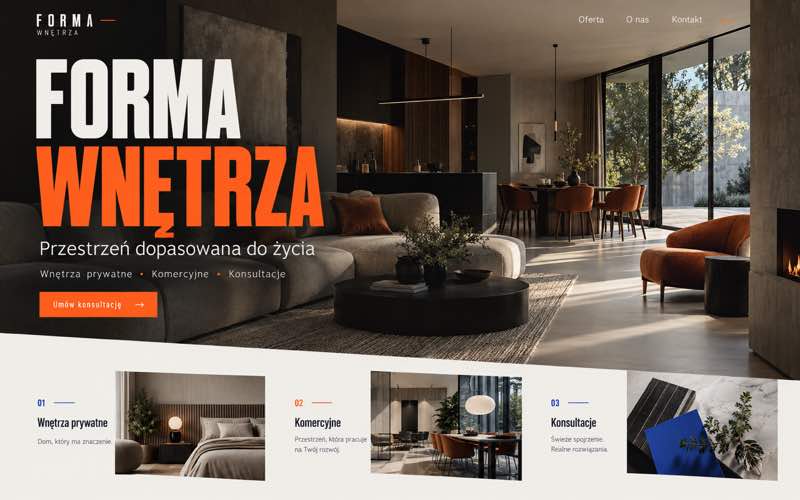 Przykładowy projekt strony projektanta wnętrz — wyrazisty kierunek lidera kategorii