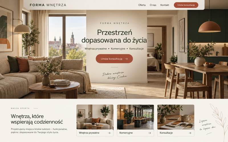 Przykładowy projekt strony projektanta wnętrz — ciepły lokalny kierunek