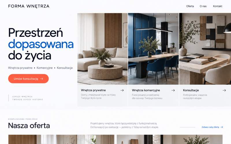 Przykładowy projekt strony projektanta wnętrz — modularna prezentacja oferty